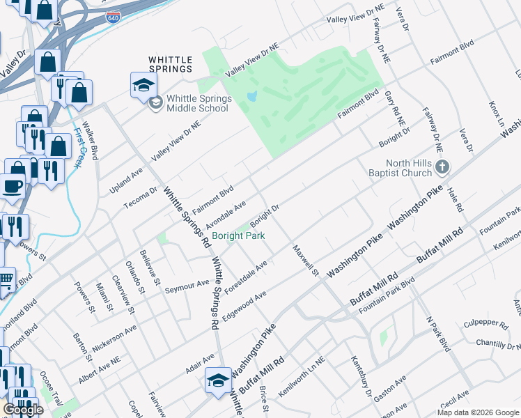 map of restaurants, bars, coffee shops, grocery stores, and more near 2821 Boright Place in Knoxville