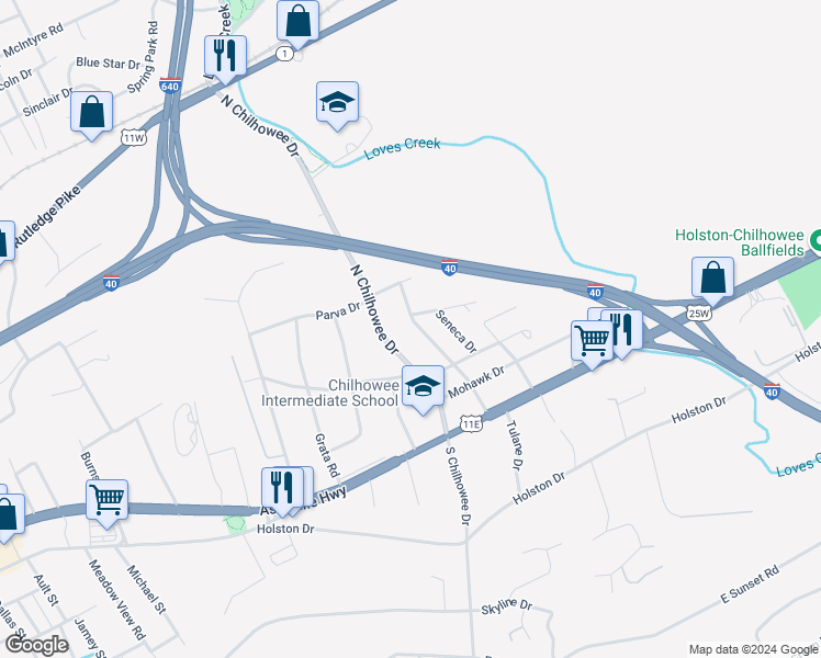 map of restaurants, bars, coffee shops, grocery stores, and more near 311 Iroquois Drive in Knoxville