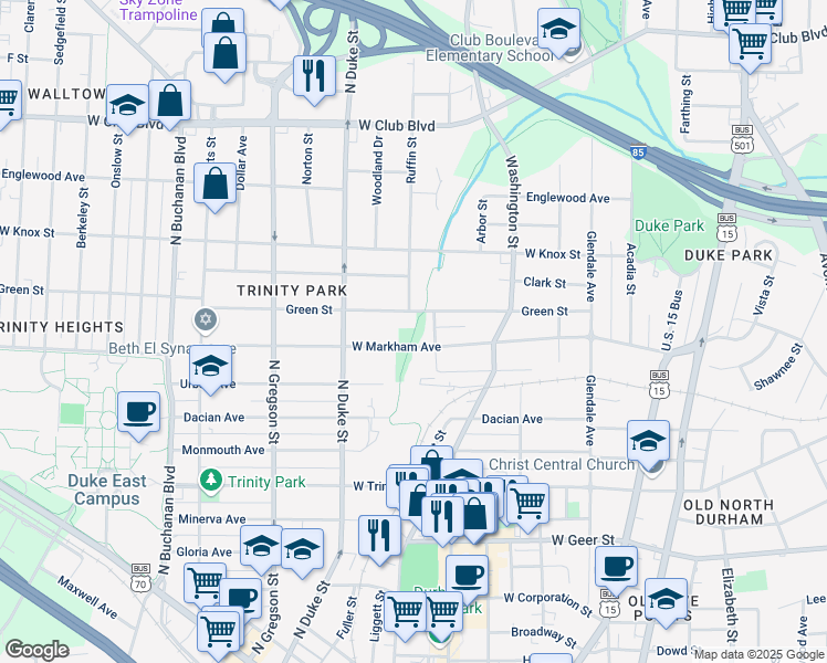 map of restaurants, bars, coffee shops, grocery stores, and more near 800 West Markham Avenue in Durham