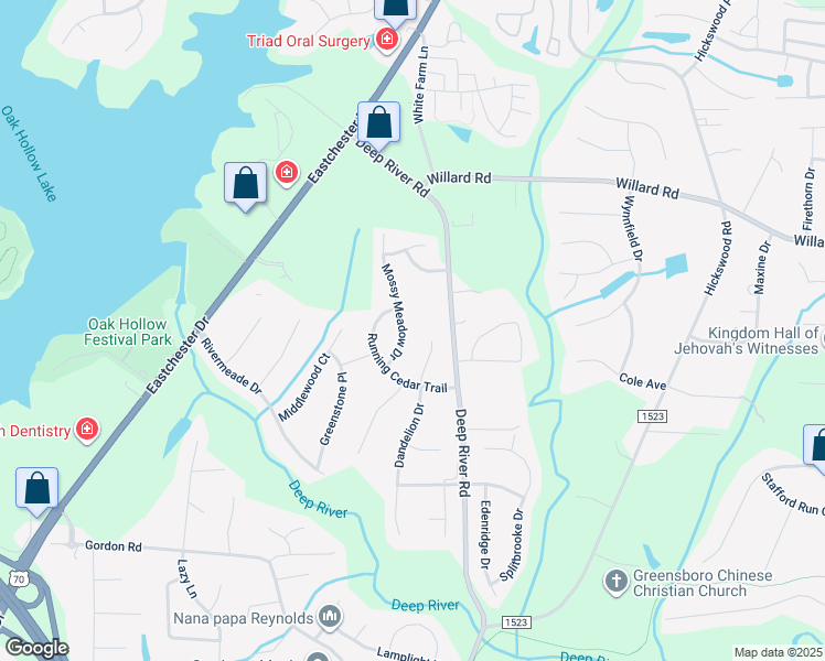 map of restaurants, bars, coffee shops, grocery stores, and more near 2750 Mossy Meadow Drive in High Point