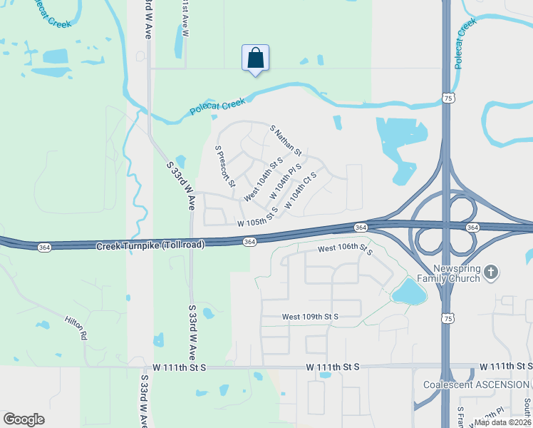 map of restaurants, bars, coffee shops, grocery stores, and more near 4031 West 105th Street South in Jenks