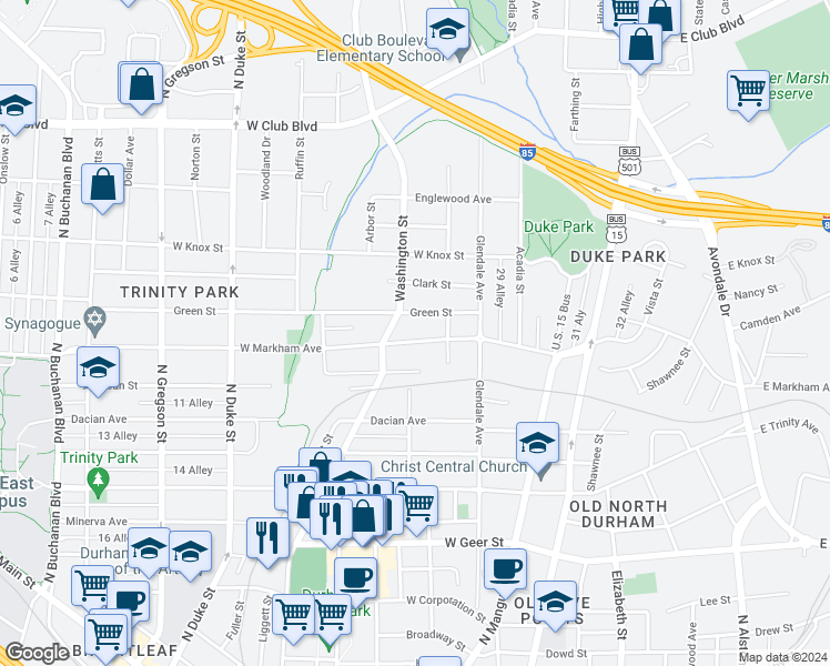 map of restaurants, bars, coffee shops, grocery stores, and more near 414 West Markham Avenue in Durham