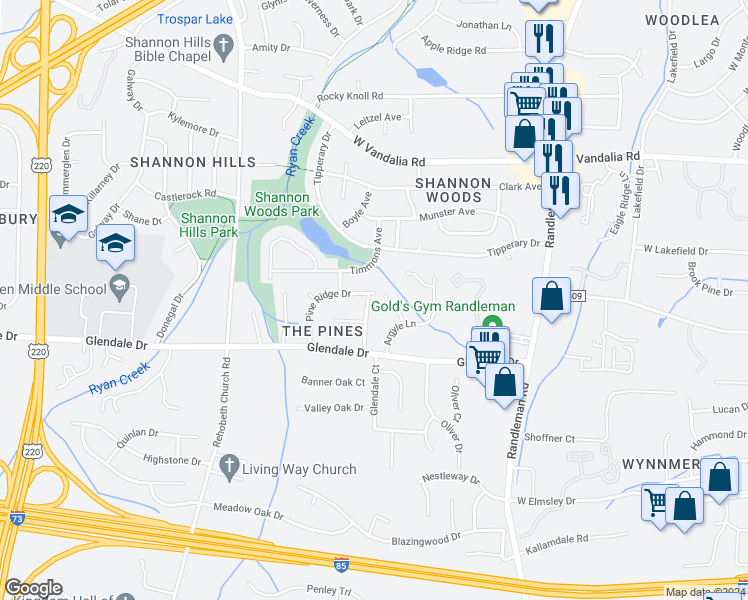 map of restaurants, bars, coffee shops, grocery stores, and more near 3301 Bristle Cone Road in Greensboro