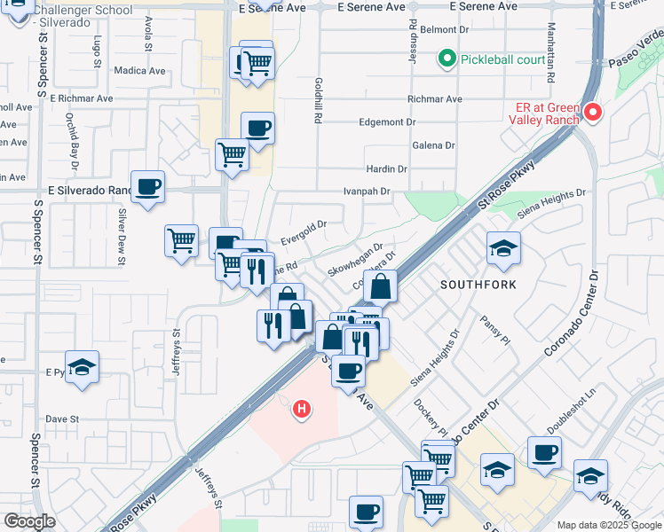map of restaurants, bars, coffee shops, grocery stores, and more near 2890 Skowhegan Drive in Henderson