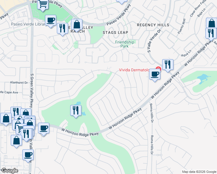 map of restaurants, bars, coffee shops, grocery stores, and more near 460 Edgefield Ridge Place in Henderson