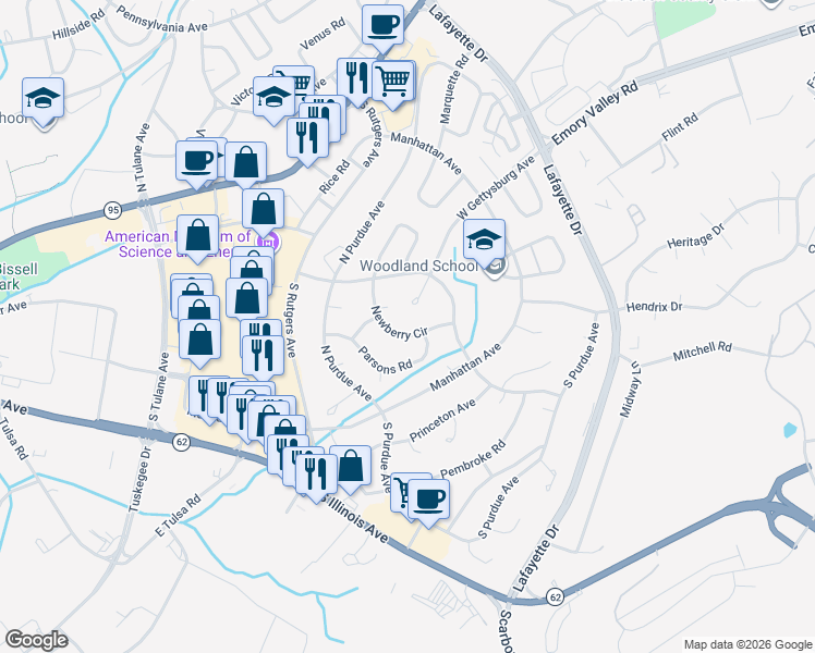 map of restaurants, bars, coffee shops, grocery stores, and more near 129 Newberry Circle in Oak Ridge