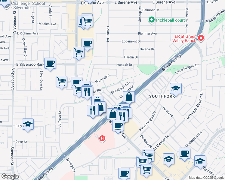 map of restaurants, bars, coffee shops, grocery stores, and more near 2890 Skowhegan Drive in Henderson