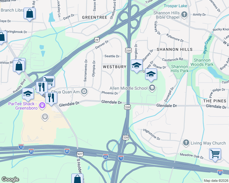 map of restaurants, bars, coffee shops, grocery stores, and more near 2302 Phoenix Drive in Greensboro