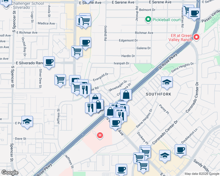 map of restaurants, bars, coffee shops, grocery stores, and more near 2884 Skowhegan Drive in Henderson