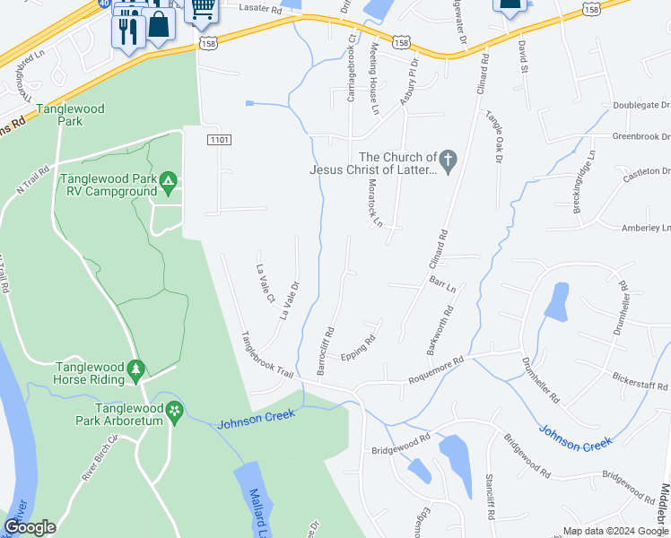 map of restaurants, bars, coffee shops, grocery stores, and more near 701 Barrocliff Road in Clemmons