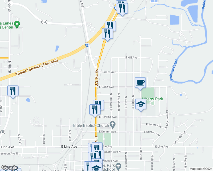 map of restaurants, bars, coffee shops, grocery stores, and more near 1121 East Cobb Avenue in Sapulpa