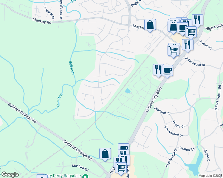 map of restaurants, bars, coffee shops, grocery stores, and more near 5400 Creek Point Court in Greensboro
