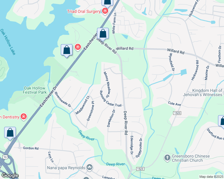 map of restaurants, bars, coffee shops, grocery stores, and more near 2750 Mossy Meadow Drive in High Point