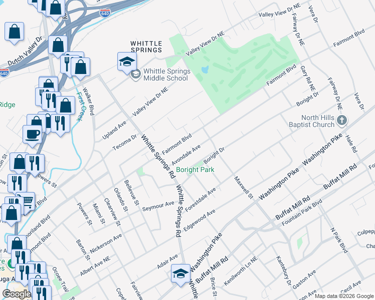 map of restaurants, bars, coffee shops, grocery stores, and more near 2728 Avondale Avenue in Knoxville