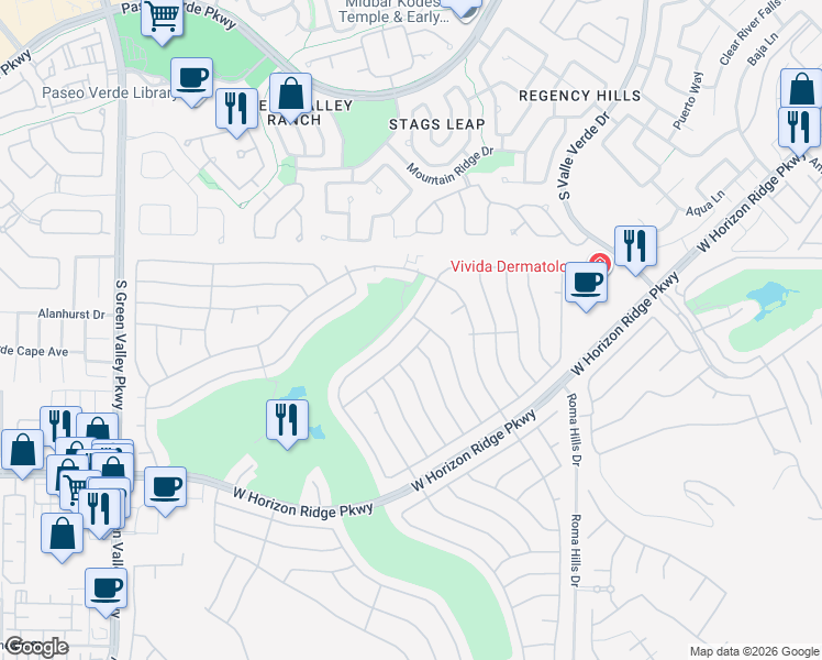 map of restaurants, bars, coffee shops, grocery stores, and more near 460 Edgefield Ridge Place in Henderson