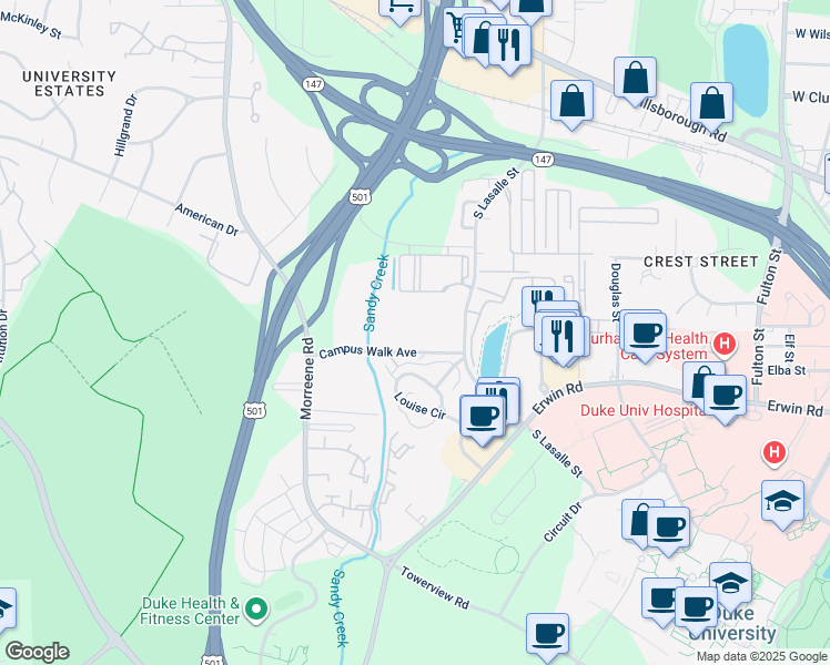 map of restaurants, bars, coffee shops, grocery stores, and more near 2748 Campus Walk Avenue in Durham