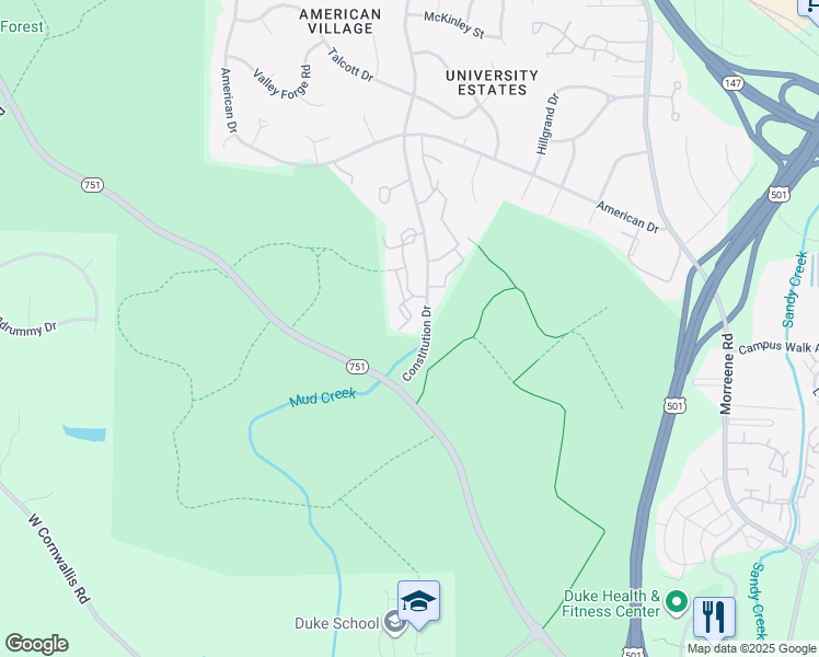 map of restaurants, bars, coffee shops, grocery stores, and more near 910 Constitution Drive in Durham