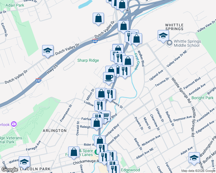 map of restaurants, bars, coffee shops, grocery stores, and more near 4207 Tennessee 33 in Knoxville