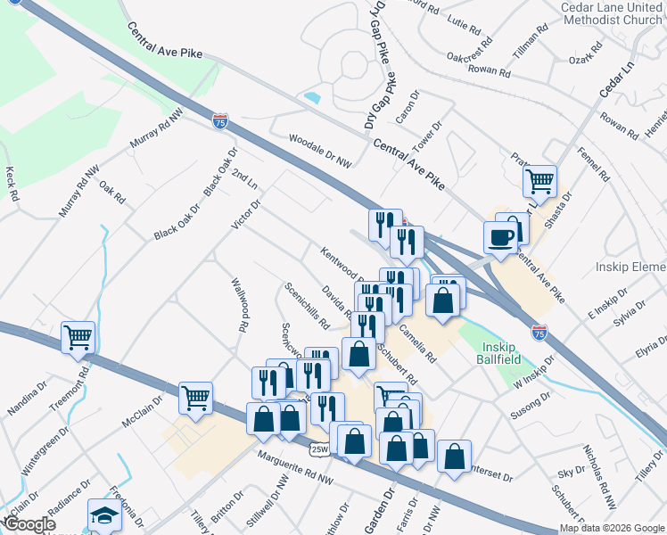map of restaurants, bars, coffee shops, grocery stores, and more near 5633 Kentwood Road in Knoxville