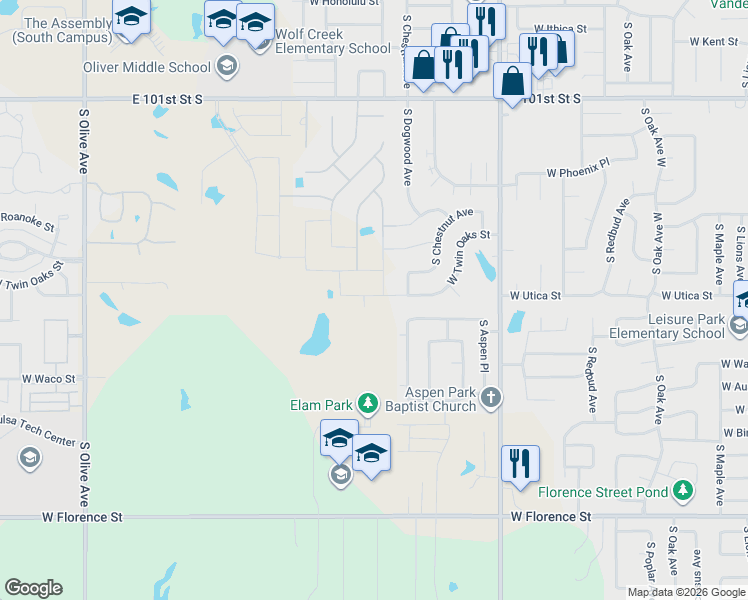 map of restaurants, bars, coffee shops, grocery stores, and more near 2501 West Twin Oaks Street in Broken Arrow