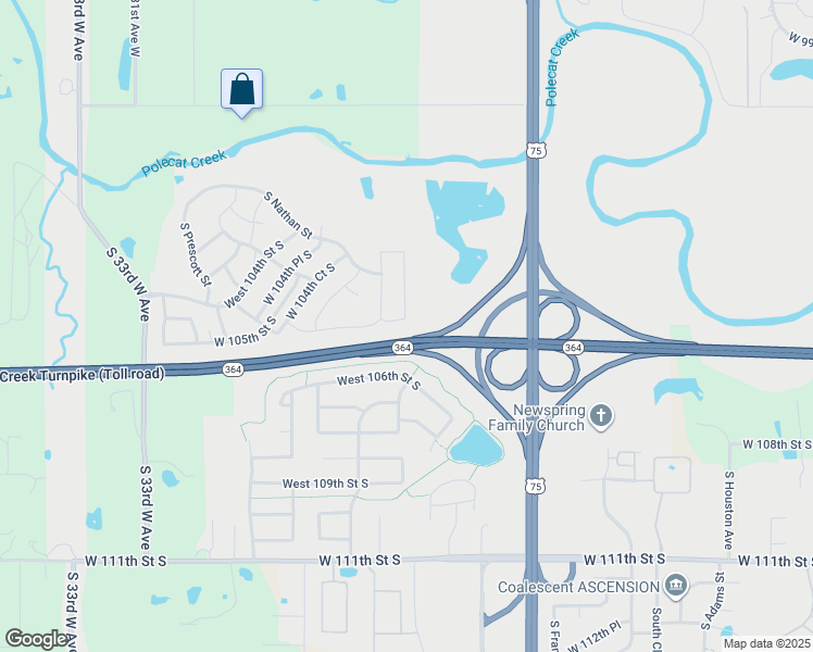 map of restaurants, bars, coffee shops, grocery stores, and more near 3702 105th Place South in Jenks