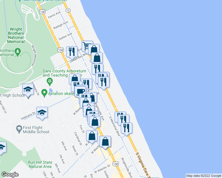 map of restaurants, bars, coffee shops, grocery stores, and more near 805 South Virginia Dare Trail in Kill Devil Hills