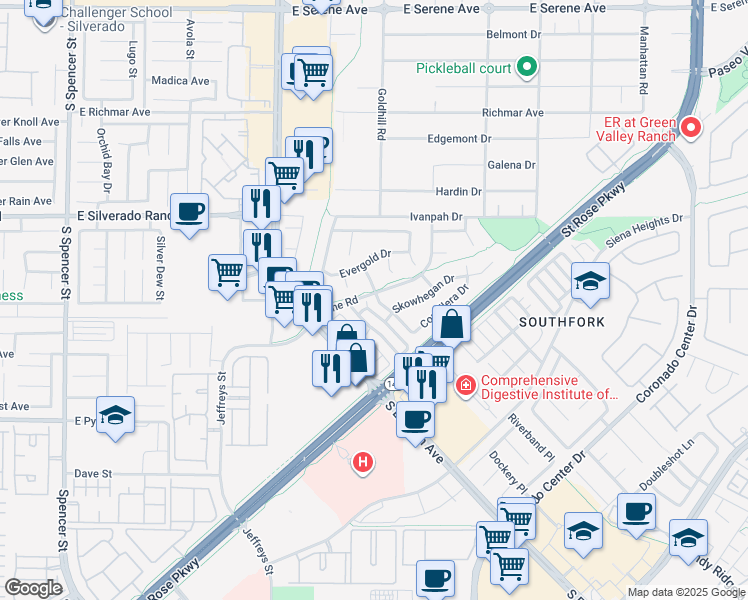 map of restaurants, bars, coffee shops, grocery stores, and more near 433 Coral Sea Street in Henderson