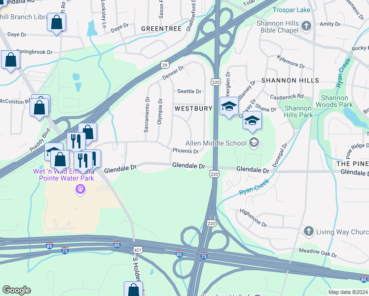map of restaurants, bars, coffee shops, grocery stores, and more near 2402 Phoenix Drive in Greensboro
