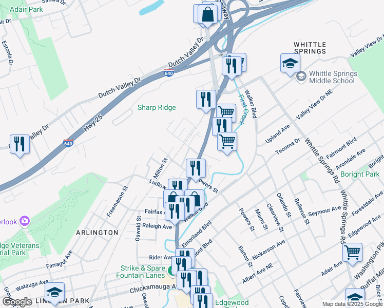 map of restaurants, bars, coffee shops, grocery stores, and more near 4207 Tennessee 33 in Knoxville