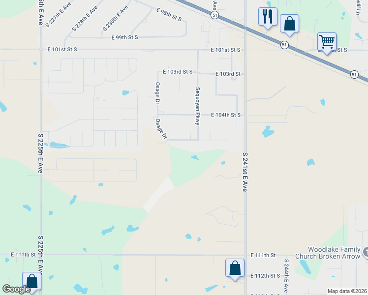 map of restaurants, bars, coffee shops, grocery stores, and more near 23640 East 105th Street South in Broken Arrow