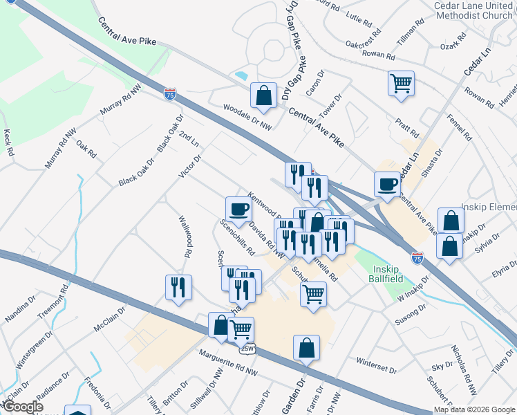 map of restaurants, bars, coffee shops, grocery stores, and more near 5633 Kentwood Road in Knoxville