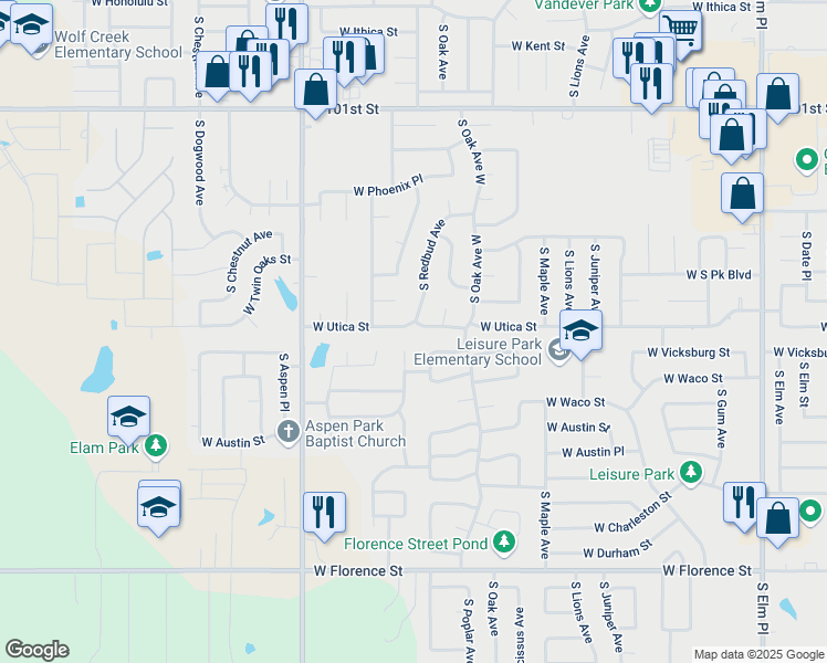 map of restaurants, bars, coffee shops, grocery stores, and more near 1601 West Utica Street in Broken Arrow