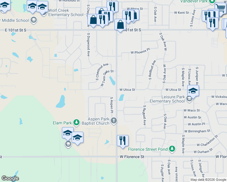 map of restaurants, bars, coffee shops, grocery stores, and more near 4200 South Aspen Avenue in Broken Arrow