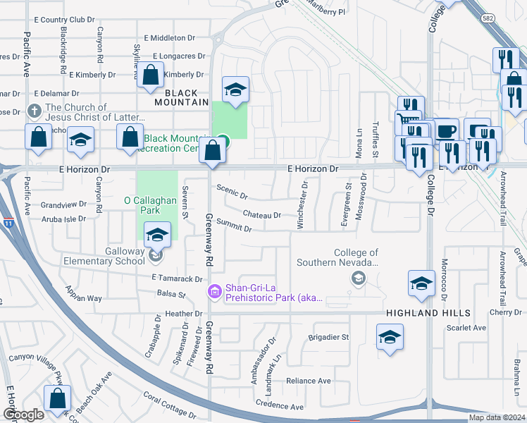 map of restaurants, bars, coffee shops, grocery stores, and more near 425 Chateau Drive in Henderson