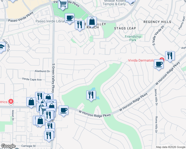 map of restaurants, bars, coffee shops, grocery stores, and more near 2107 Eagle Watch Drive in Henderson