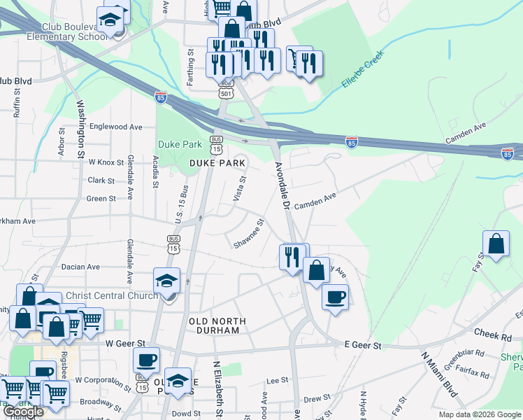 map of restaurants, bars, coffee shops, grocery stores, and more near 405 E Markham Ave in Durham