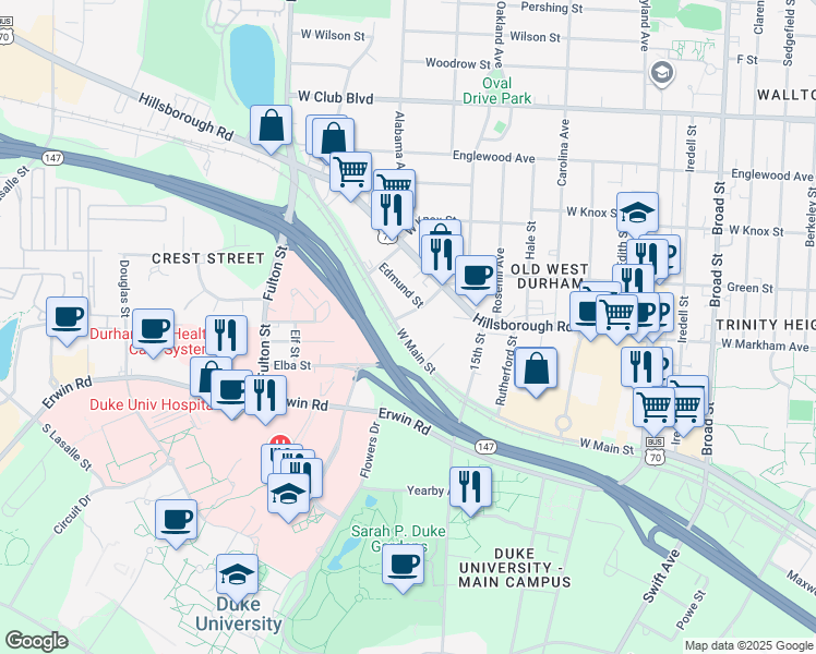 map of restaurants, bars, coffee shops, grocery stores, and more near 2716 West Main Street in Durham