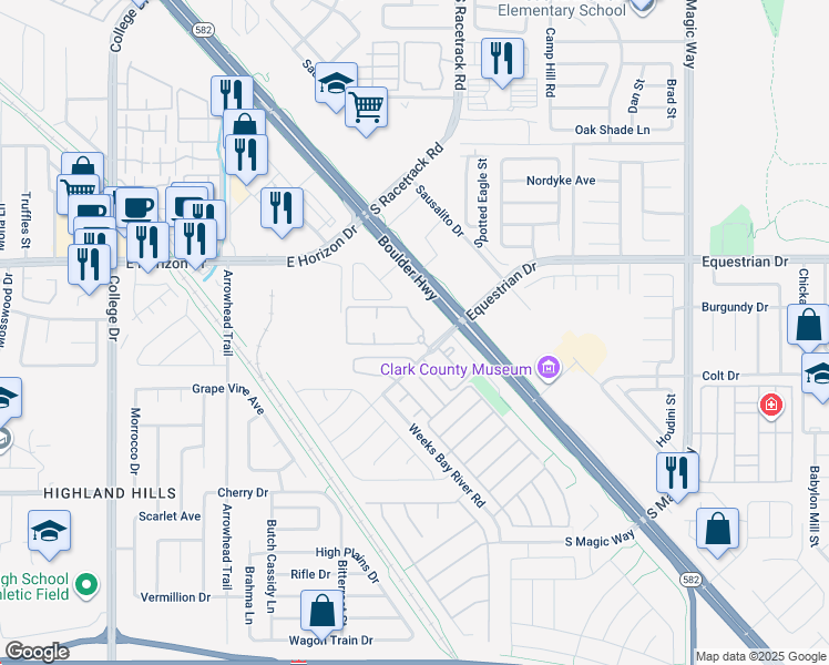 map of restaurants, bars, coffee shops, grocery stores, and more near 990 Equestrian Drive in Henderson