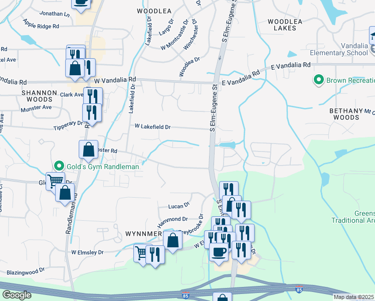 map of restaurants, bars, coffee shops, grocery stores, and more near 107 Brook Pine Drive in Greensboro