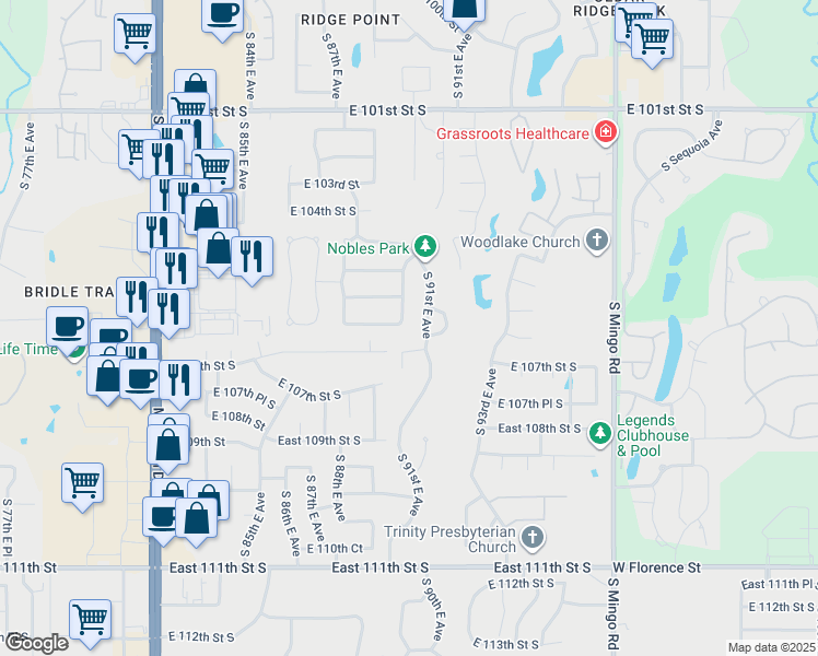map of restaurants, bars, coffee shops, grocery stores, and more near 10539 South 90th East Avenue in Tulsa