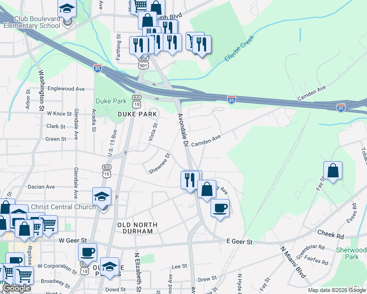 map of restaurants, bars, coffee shops, grocery stores, and more near 1701 Avondale Drive in Durham