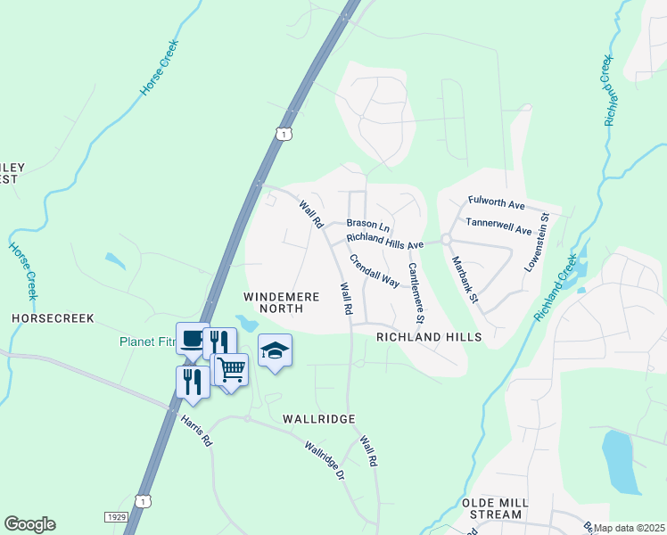 map of restaurants, bars, coffee shops, grocery stores, and more near 1301 Wall Road in Wake Forest
