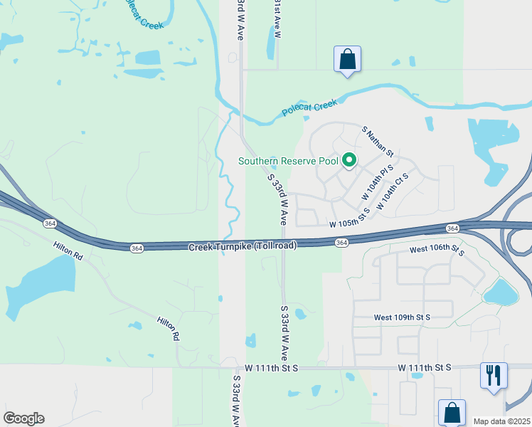 map of restaurants, bars, coffee shops, grocery stores, and more near 10500 South 33rd West Avenue in Sapulpa