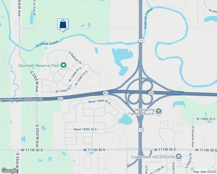 map of restaurants, bars, coffee shops, grocery stores, and more near 3702 105th Place South in Jenks