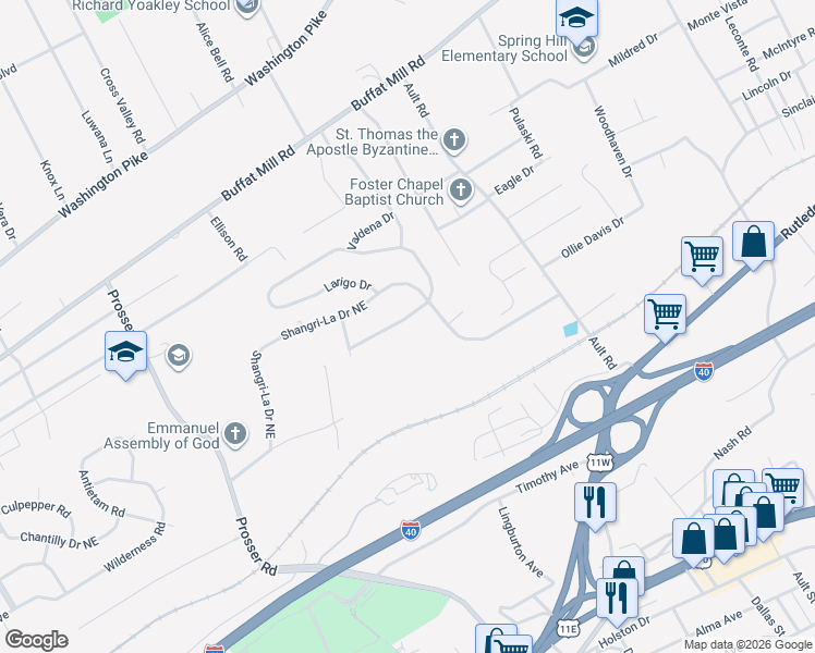 map of restaurants, bars, coffee shops, grocery stores, and more near 4407 Larigo Drive in Knoxville