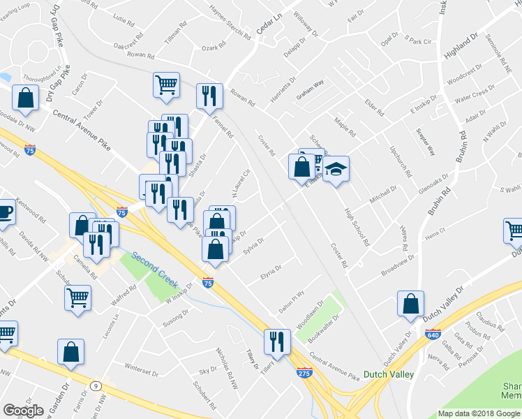 map of restaurants, bars, coffee shops, grocery stores, and more near 123 East Inskip Drive in Knoxville