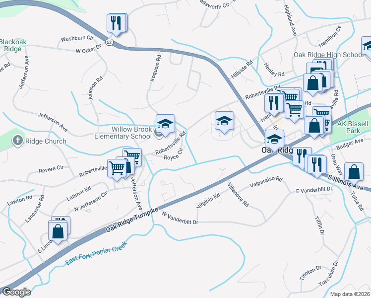 map of restaurants, bars, coffee shops, grocery stores, and more near 151 Royce Circle in Oak Ridge