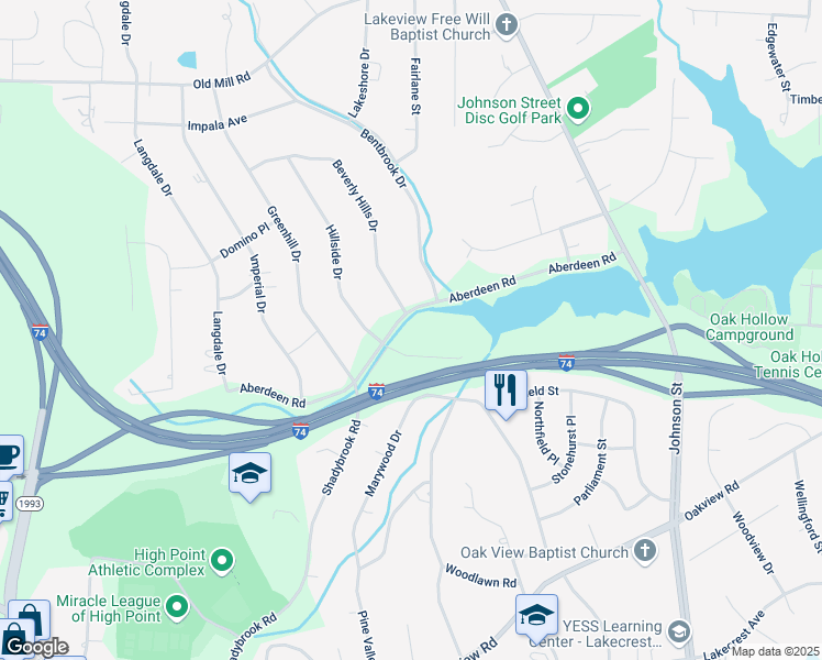 map of restaurants, bars, coffee shops, grocery stores, and more near 634 Shadybrook Road in High Point