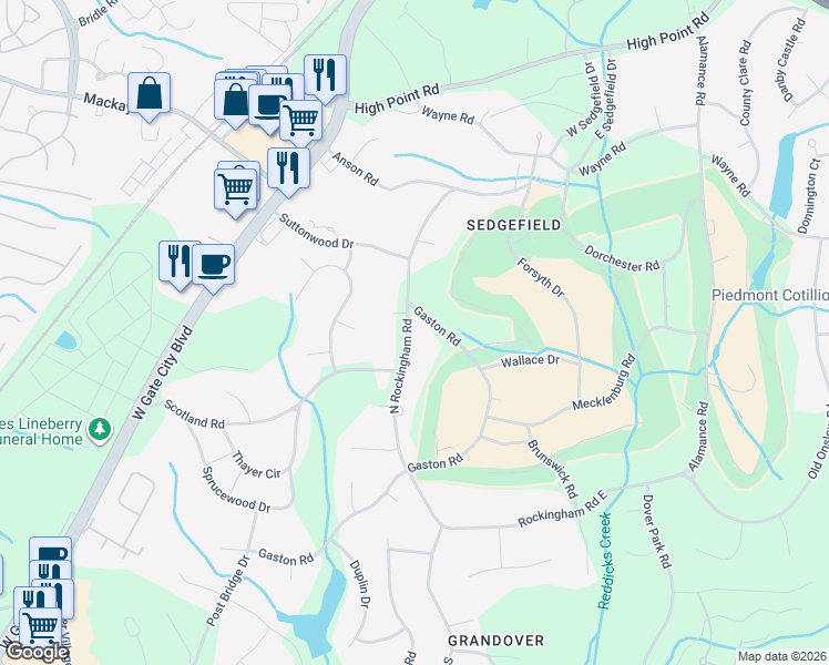 map of restaurants, bars, coffee shops, grocery stores, and more near 3323 North Rockingham Road in Greensboro