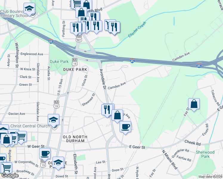 map of restaurants, bars, coffee shops, grocery stores, and more near 809 Colonial Street in Durham